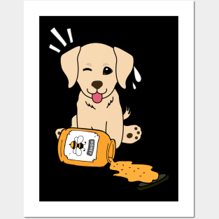 Naughty golden retriever spilled a jar of honey Posters and Art